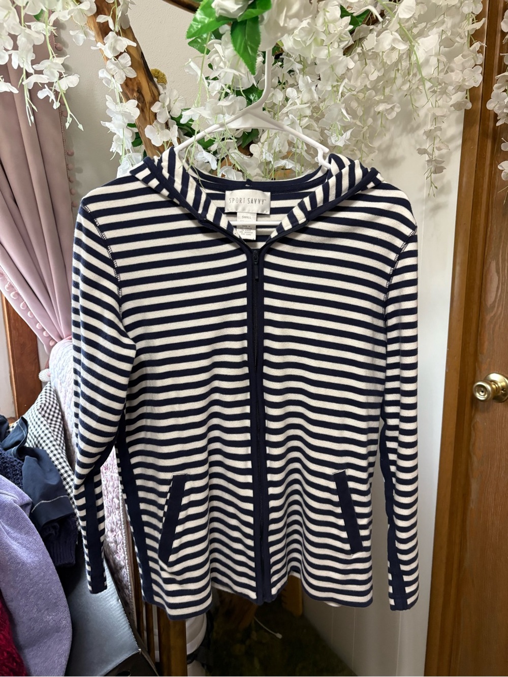 Vintage Navy and White Striped Hooded Zip Jacket